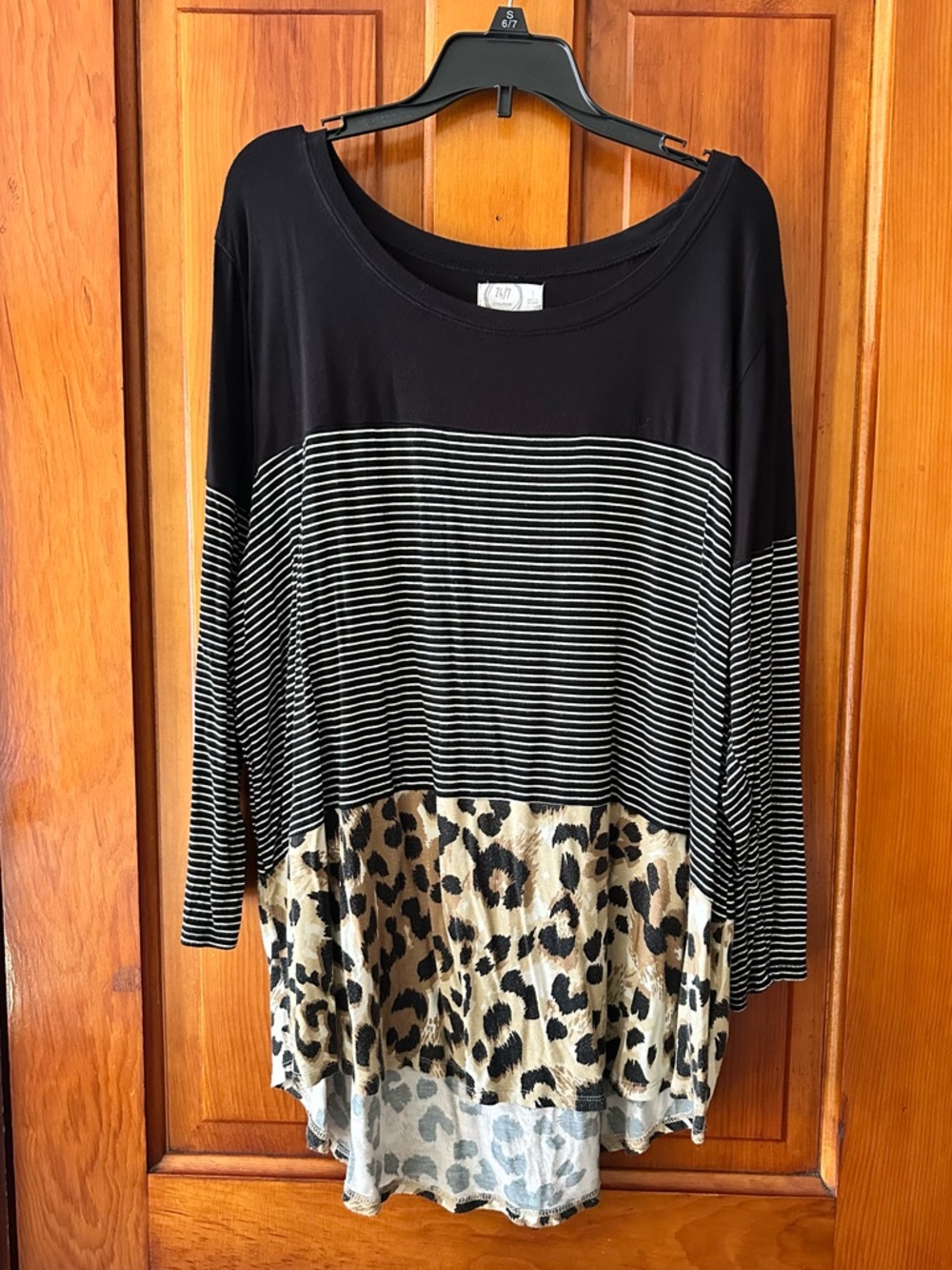Maurices Black Striped Top with Leopard Hem